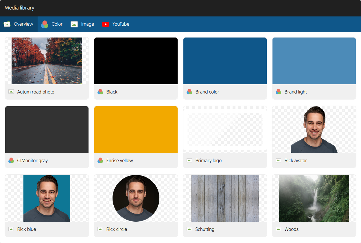 Media library with images and colors